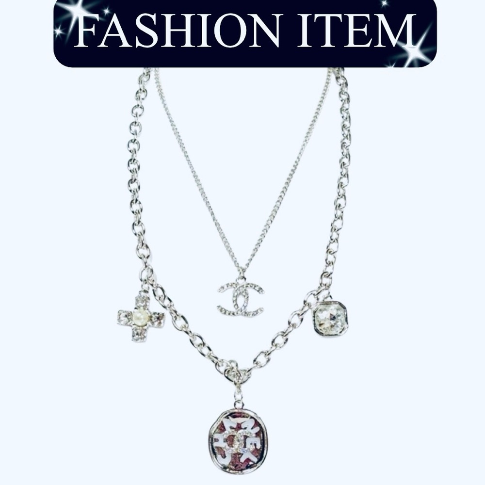 A-1FN-17: NECKLACE: Double Sliver w/Dazzling Monogram Rhinestone Charms, NWOT
